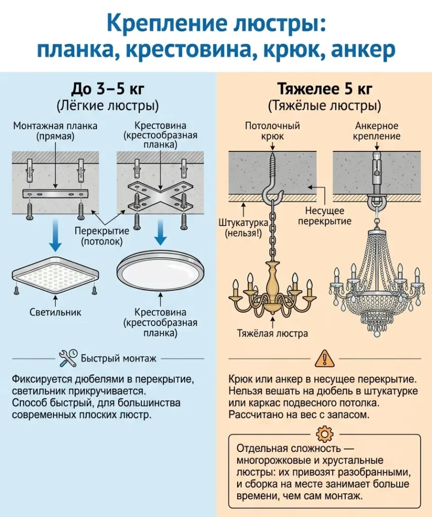 Монтаж светильников и люстр — крепление под вес, закладные под натяжной потолок и подключение – фото №2