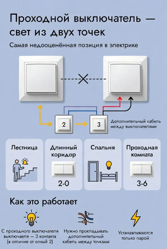 Установка выключателей — одноклавишных, двухклавишных и проходных схем на два входа – фото №2